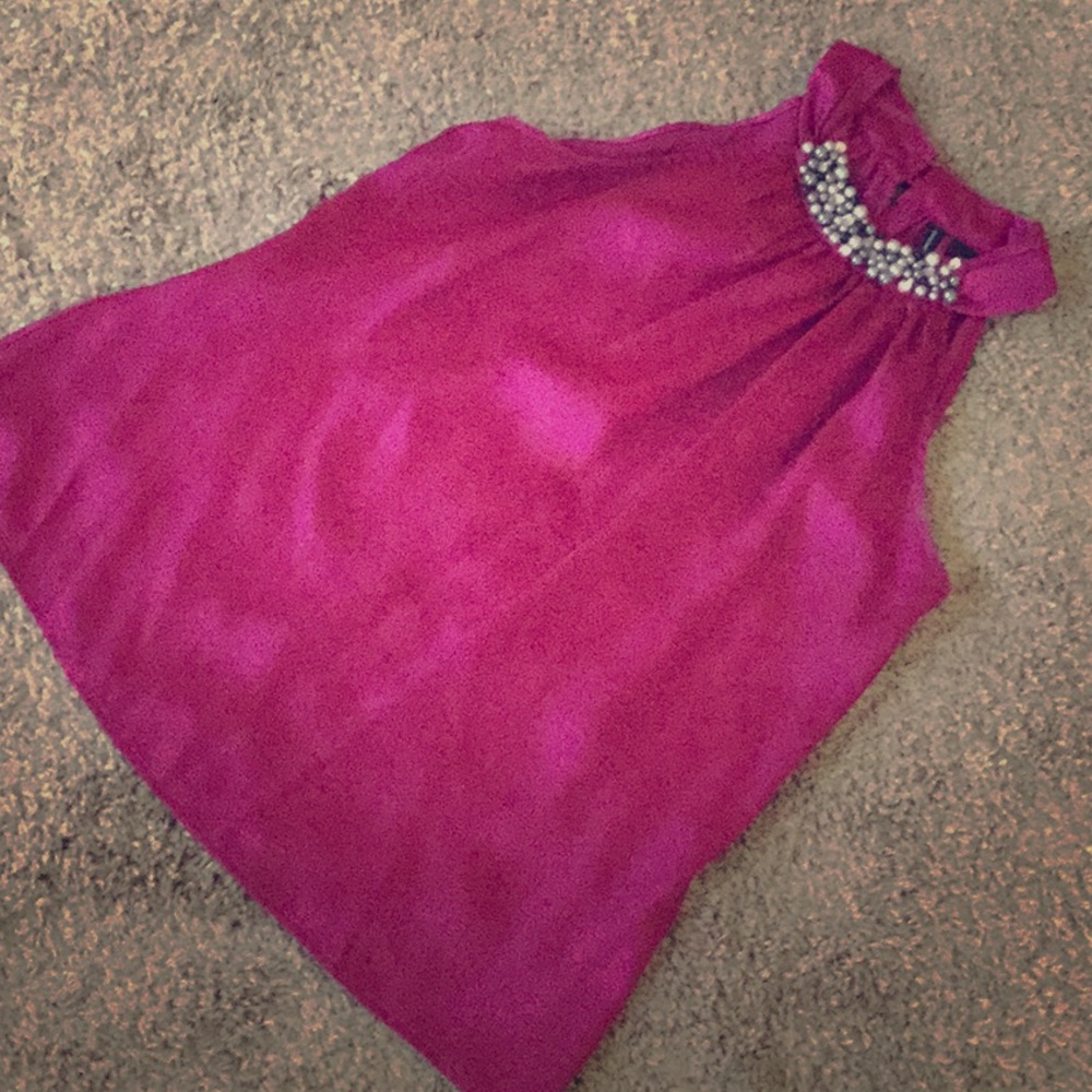 NWOT Magenta satin shirt with beaded neck